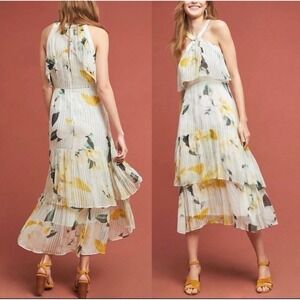 Anthropologie Garden Party Pleated Floral Halter Tiered Midi Dress Boho Romantic